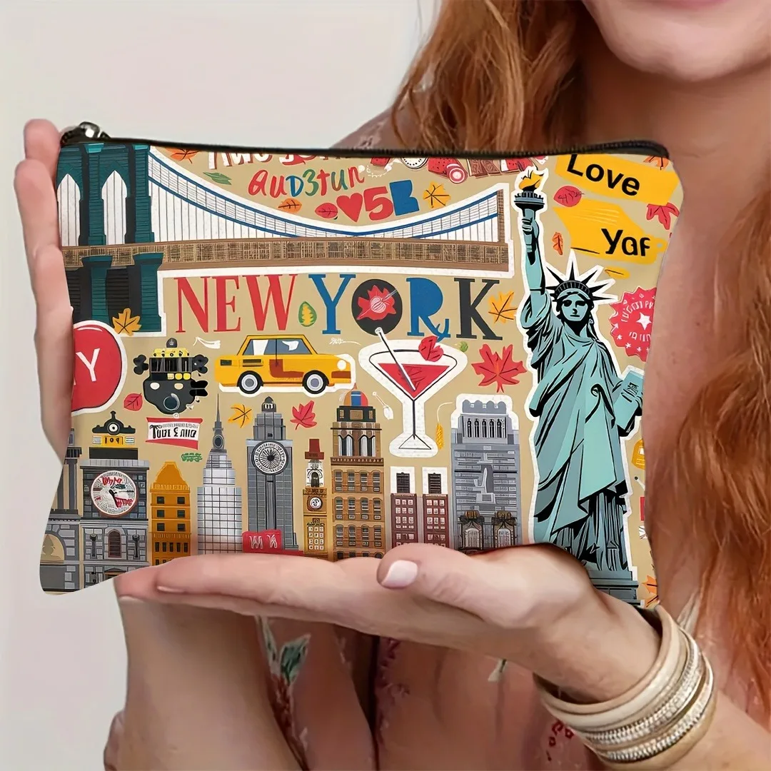 New York City Design Makeup Bag with Iconic Landmarks Compact Travel Cosmetic Pouch for Women Gift for Christmas Storage Bag