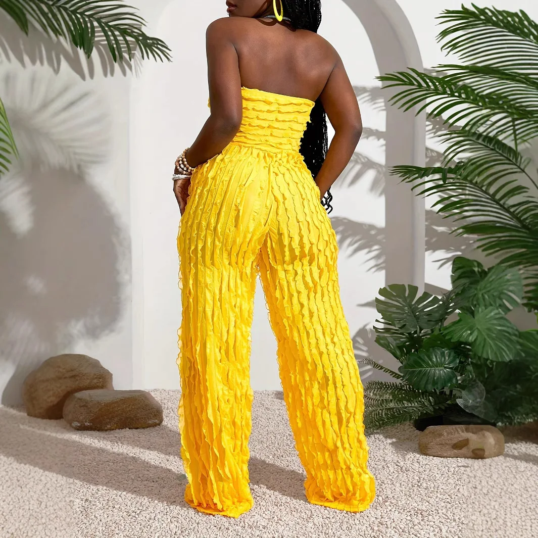 女性のカジュアルノースリーブジャンプスーツ春夏デイリーウェーブメッシュテクスチャバックレスジャンプスーツレディースフロアレングスパンツロンパース