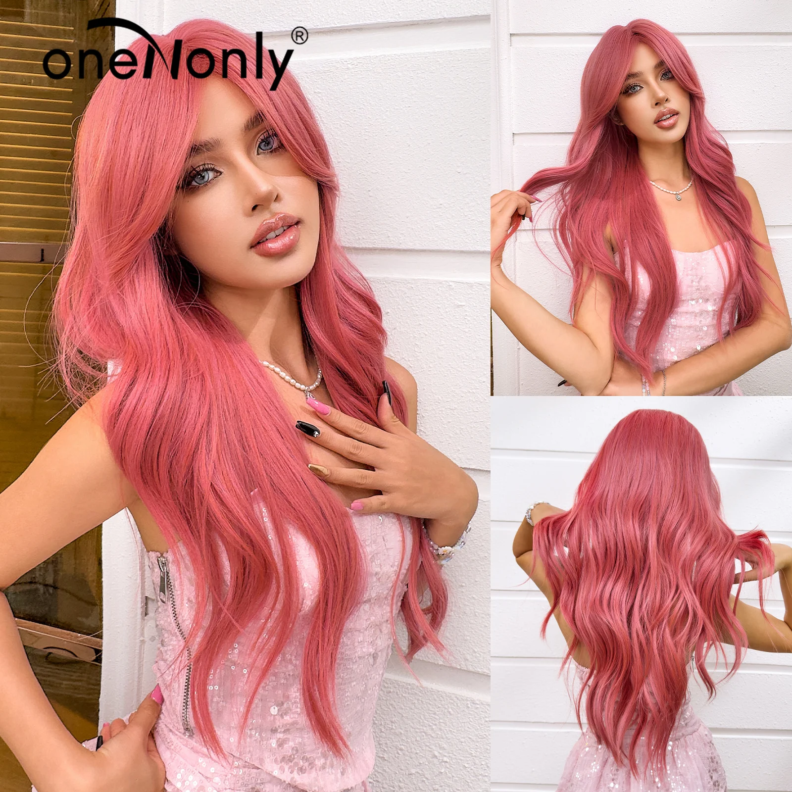 

oneNonly Light Pink Long Wig with Bangs Natural Wave Heat Resistant Wavy Hair Synthetic Wigs for Women Lolita Cosplay Party