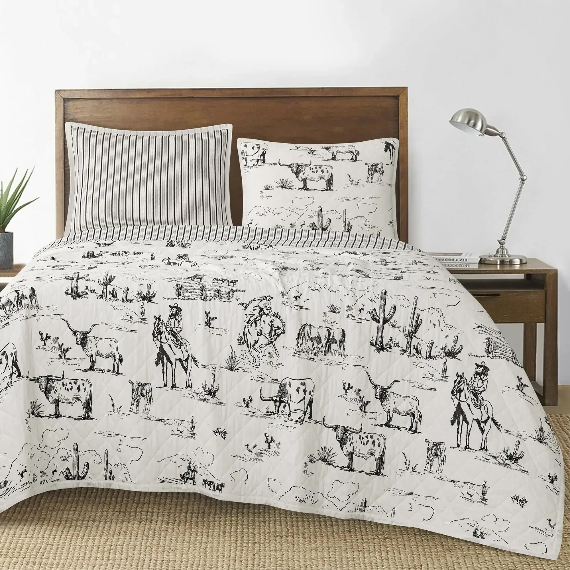 Paseo Road by HiEnd Accents | Ranch Life 3 Piece Quilt Set with Pillow Shams, Super King, White and Black Cowboy Cow Longhorn Ho