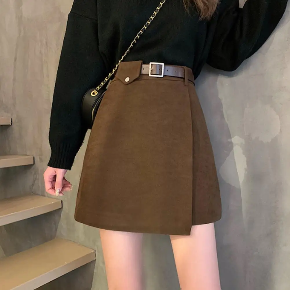 ack Zipper Mini Skirt With Belt Autumn and Winter High Waist A- line Skirt Black Skirt for Woman Skirts Faldas Jupe Streetwear