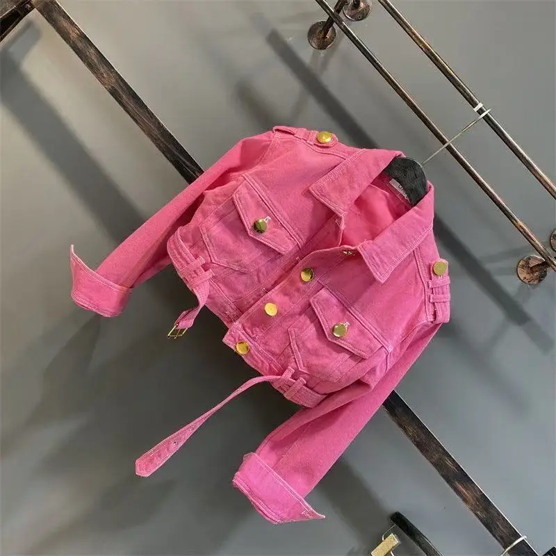 

Girls' Rose Red Denim Jacket Spring and Autumn 2026 New Collection Solid Color Collar Metal Buckle Children's Fashion Short Coat