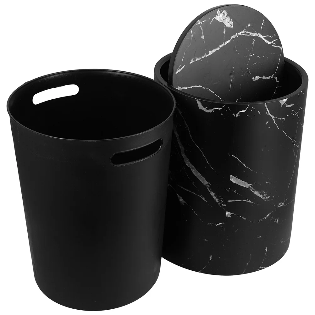 

Marbled Trash Can Kitchen Waste Basket Round Bathroom Garbage Container Black Office
