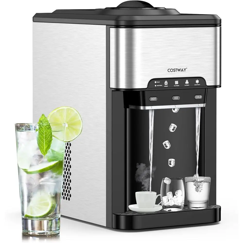 

Настольный диспенсер для воды 3-в-1 с льдогенератором, верхняя загрузка для бутылей 3-5 галлонов, горячая/холодная вода, защитный замок, 48 фунтов/24 часа, 12