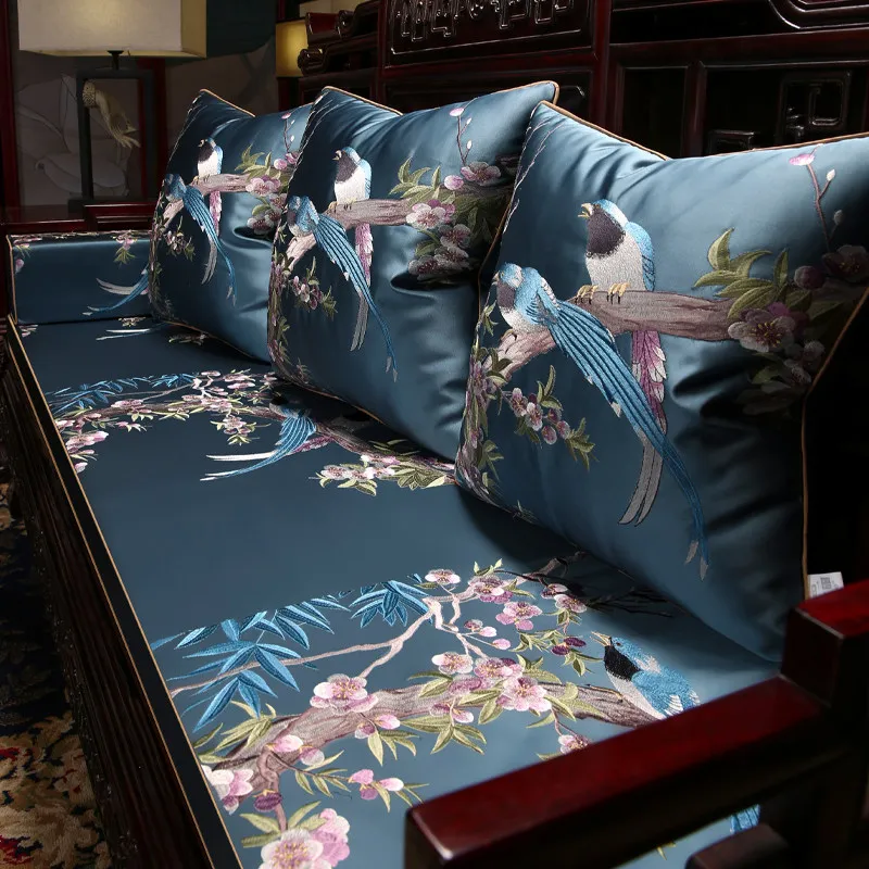 Chinese-style single-sided embroidered home sofa cushion cover with satin Rhododendron pattern for waist and back support