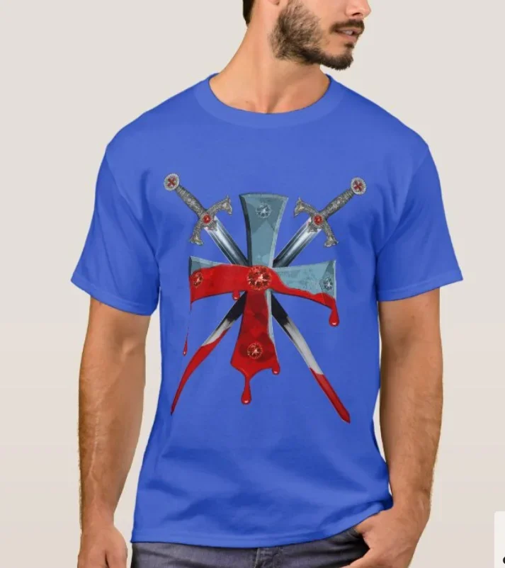 Crossed Sword Blood Traces and Blood Drops Knights Cross Badge T-Shirt. Summer Cotton Short Sleeve O-Neck Mens T Shirt New S-3XL