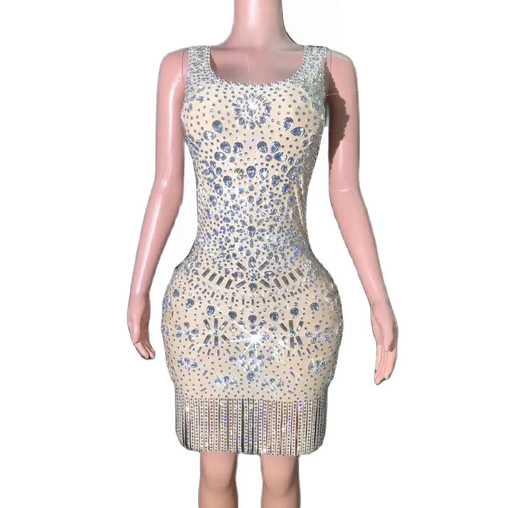 

Sexy Stage Shining Silver Rhinestones Chain Fringe Dress Evening Birthday Celebrate Costume Women Party Dance Photography Dress