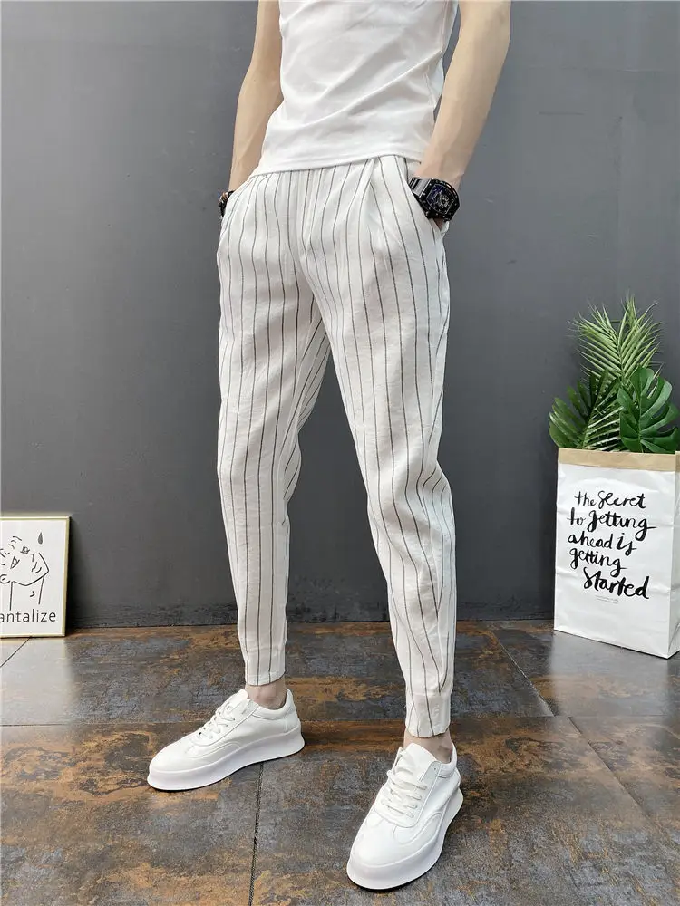 Spring Summer Thin Stripe Harlan Pants Men Trend Youth Nine-Point Pants Wild Casual Korea Fashion Elastic Slim Trousers Male New