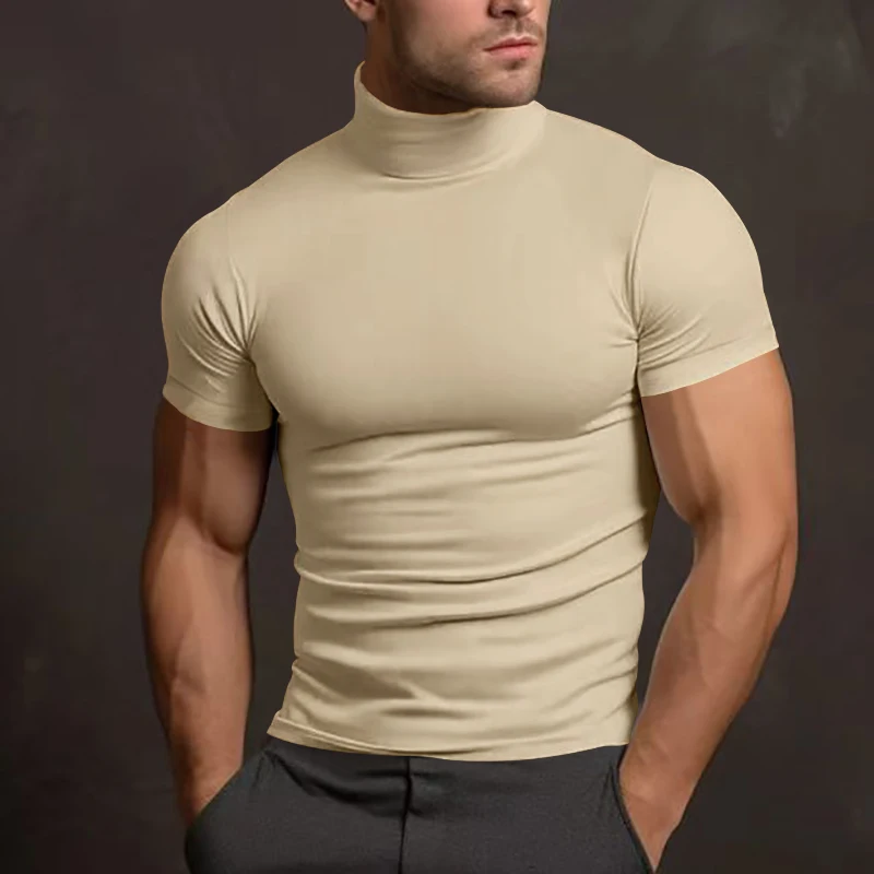 Summer short sleeved solid color elastic tight fitting shirt for men\'s T-shirt round neck running training fitness suit