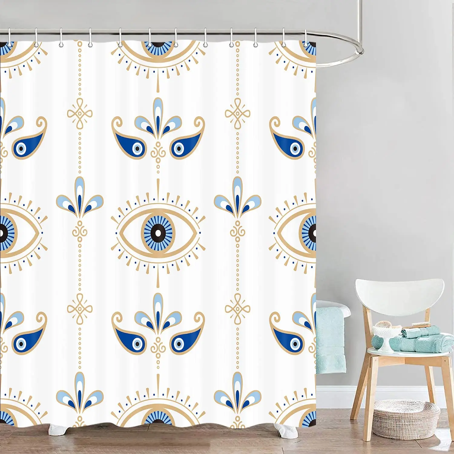 Boho Blue Shower Curtain Hamsa Eye Magical Blue White Golden Morden Fabric Bathroom Bath Curtains with Hooks Sets