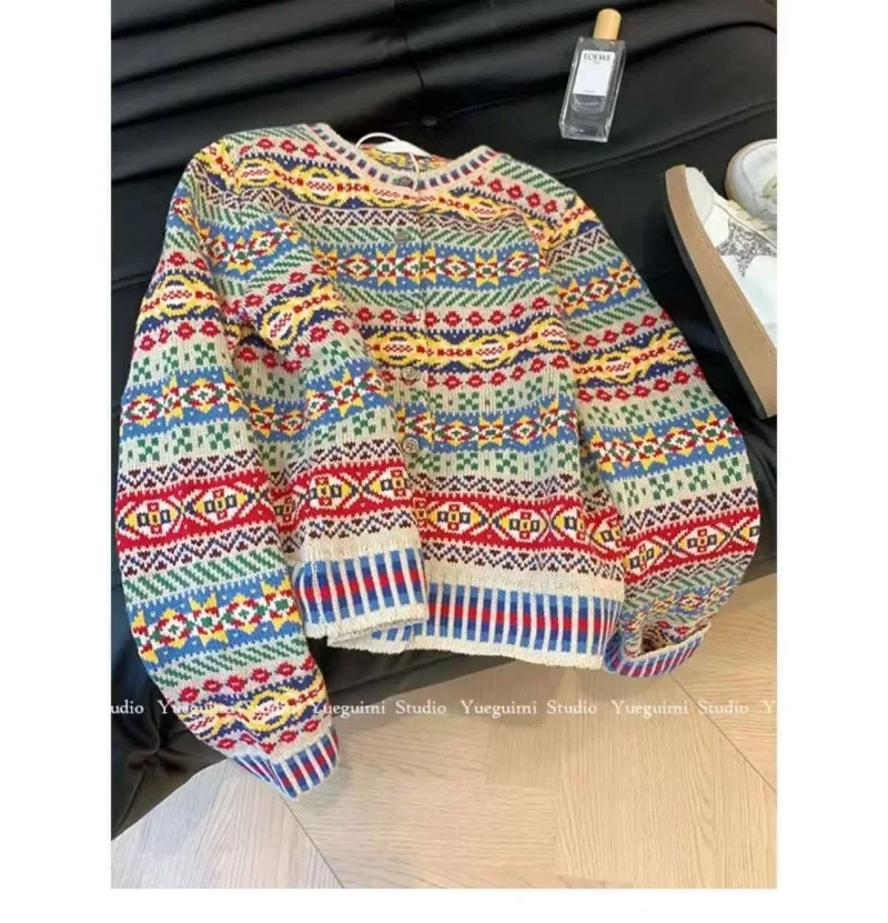 2024 New Cardigan Sweater Retro Ethnic Style Cardigan Mujer Jacket for Women Knitted Sweater Crop Top Long Sleeve Casual Winter