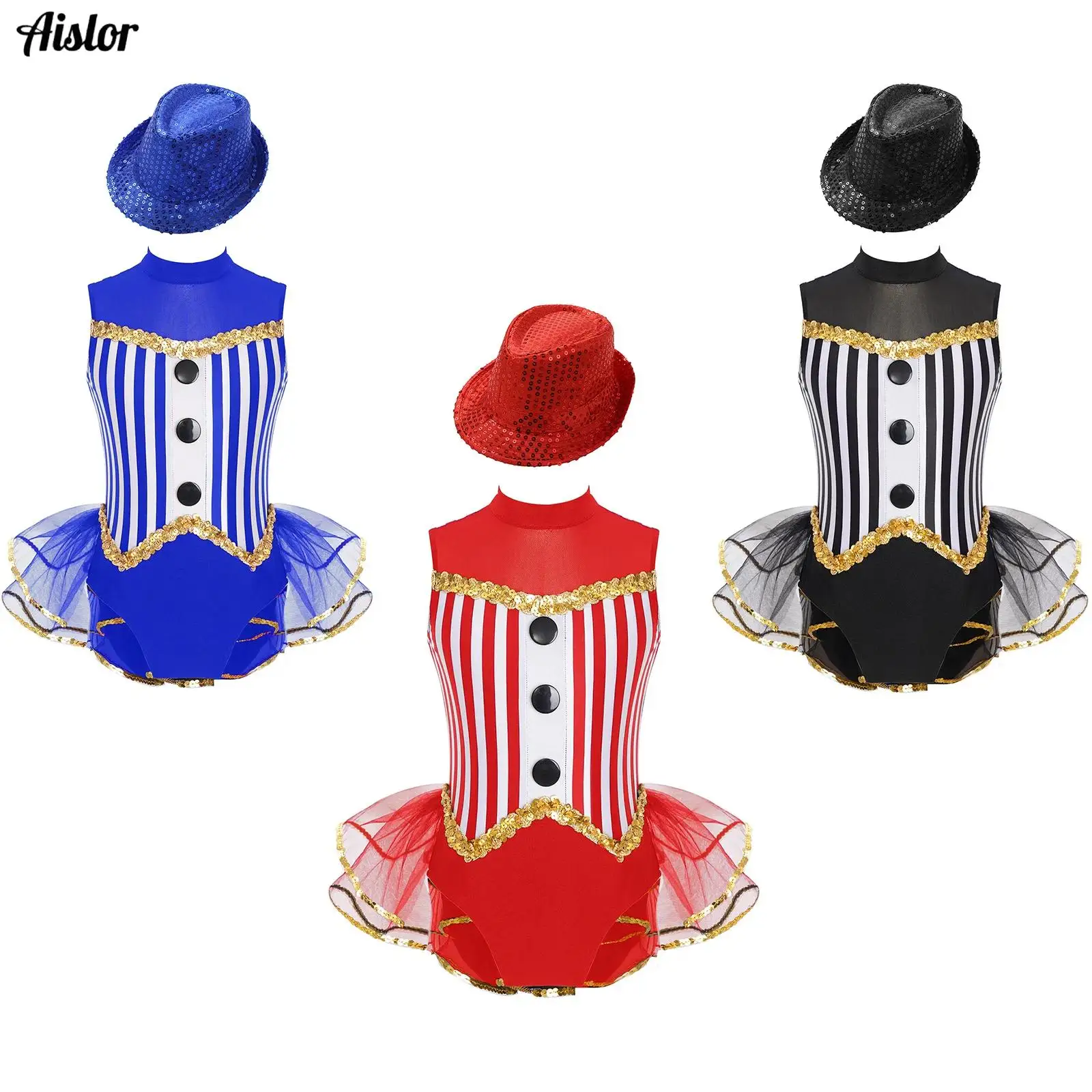 

Girl Carnival Party Cosplay Ringmaster Circus Costume Showman Tuxedos Leotards Theme Party Ballet Performance Dress+Sequins Hat