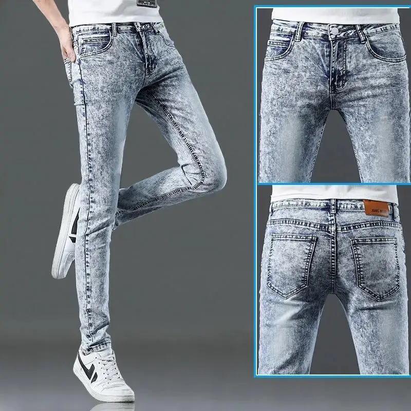 

2023 New Korean Luxury Designer Snowflake Blue Jeans for Men Casual Spring Autumn Denim Cowboy Length Tight Skinny Denim JEANS