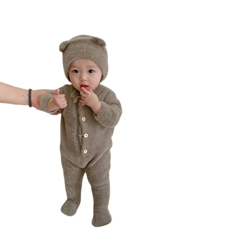 2024 Winter New Baby Long Sleeve Romper Solid Newborn 100 Days Clothes Cute Bear Hat Infant Boy Girl Cotton Thick Warm Jumpsuit