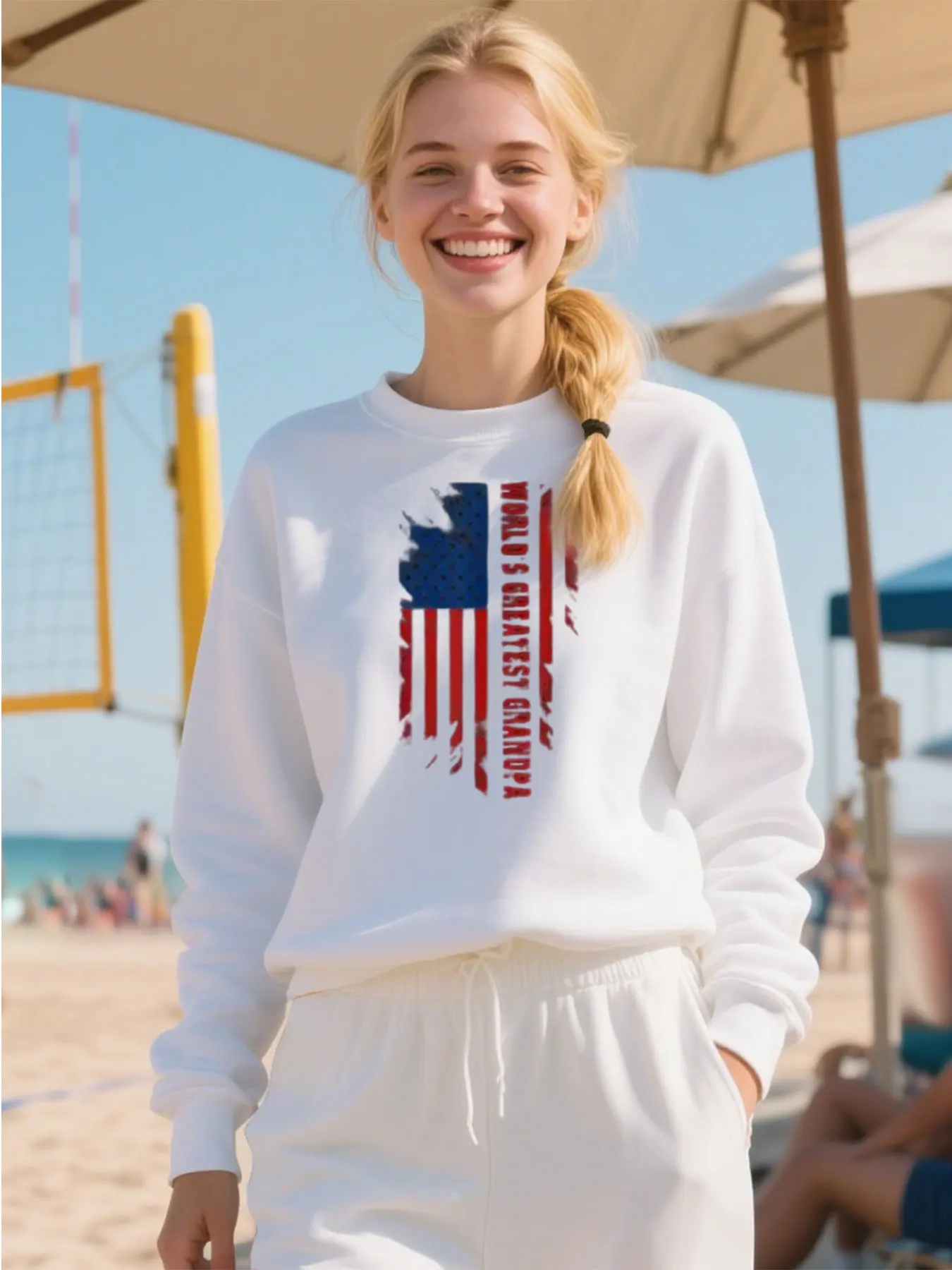 Col rond unisexe en coton doux avec le plus grand grand grand grand-père du monde et imprimé drapeau américain, parfait pour un cadeau d'anniversaire