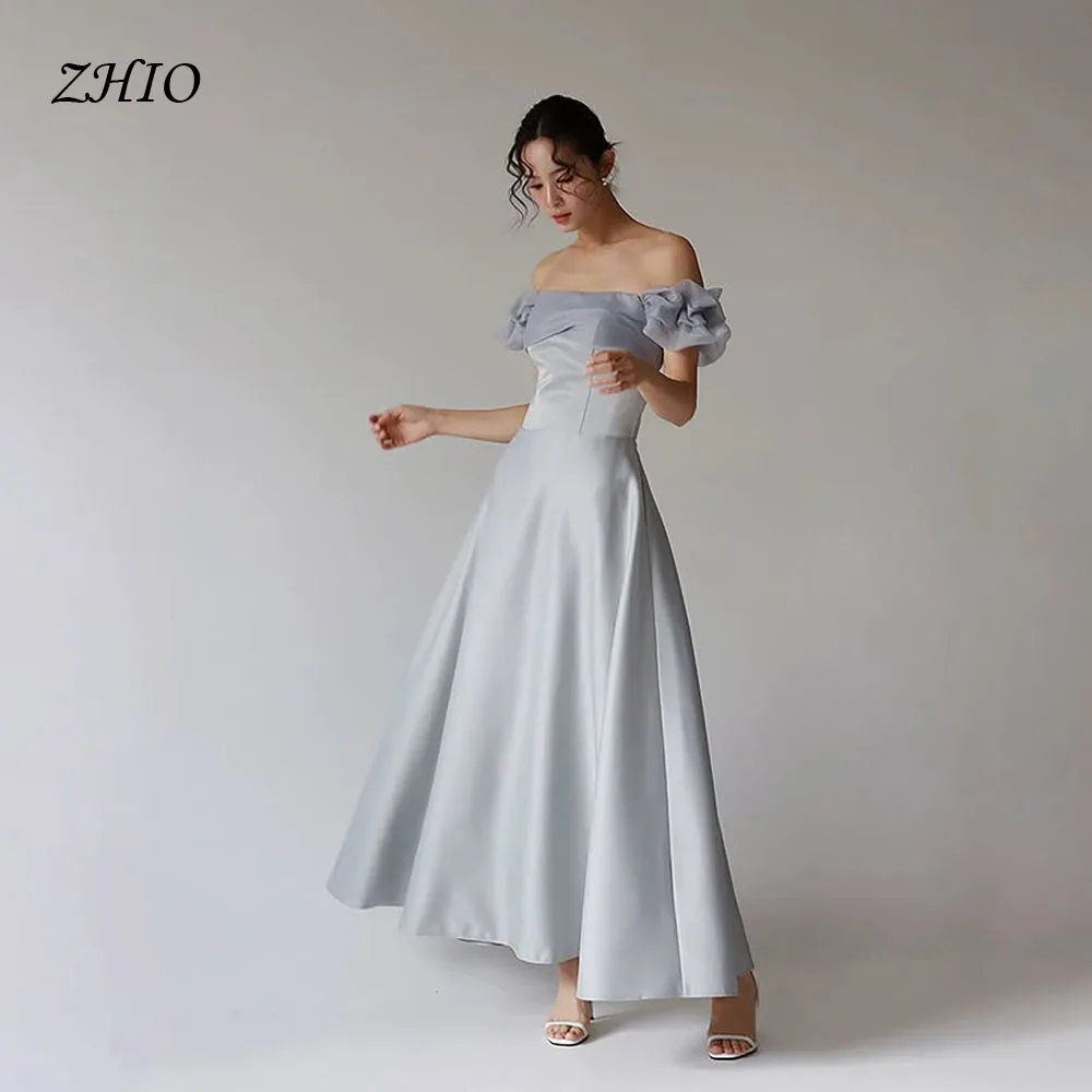 

ZHIO Off the Shoulder Korean Wedding Photography Soft Satin Bride Wedding Dress Ankle-Length Evening Dress Customized