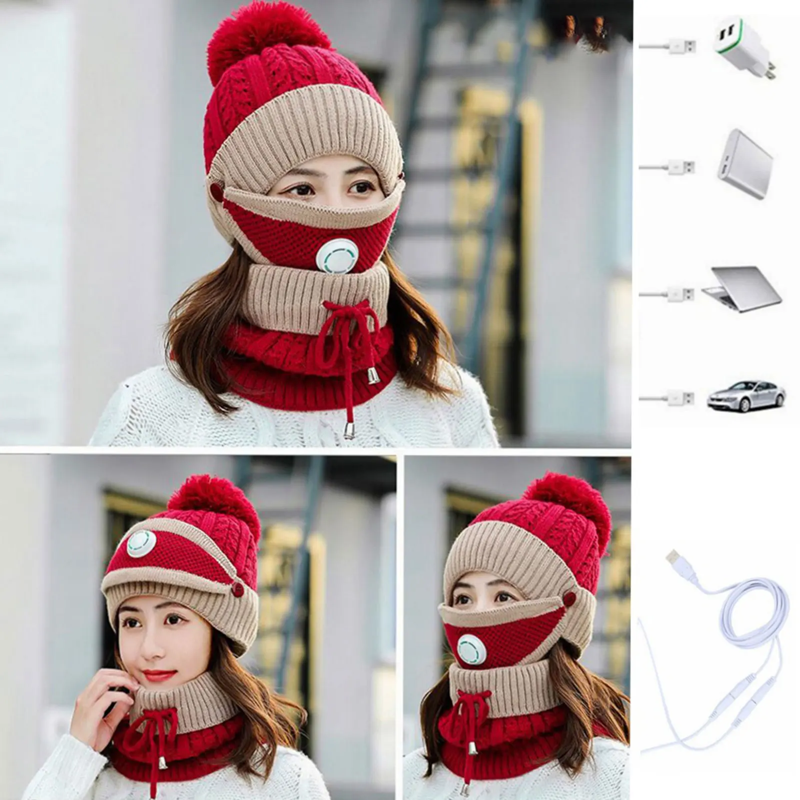 Gorro con calefacción USB, bufanda, sombrero, máscara, diseño de válvula transpirable, filtro de sustancias dañinas para correr, esquiar, ciclismo