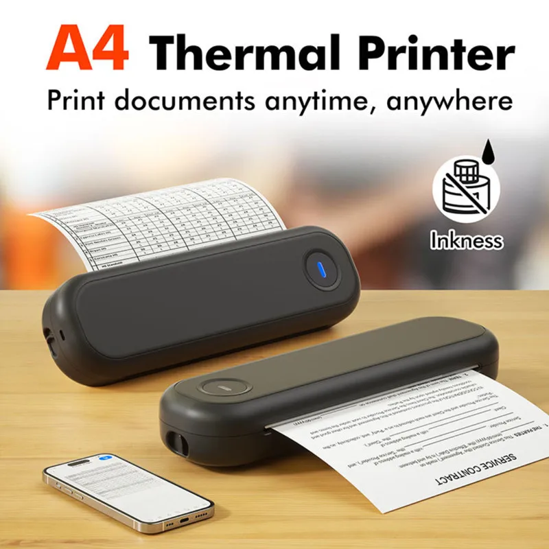 Portable Travel Wireless A4 Thermal Printer Bluetooth Mobile Printer Compatible with Phone Laptop Suitable for Home Office