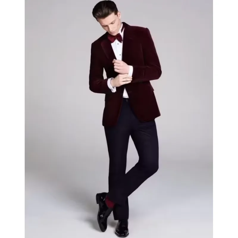 

2-piece men's Burgundy velvet wedding tailcoat suit with a notch lapel double button jacket and black pants