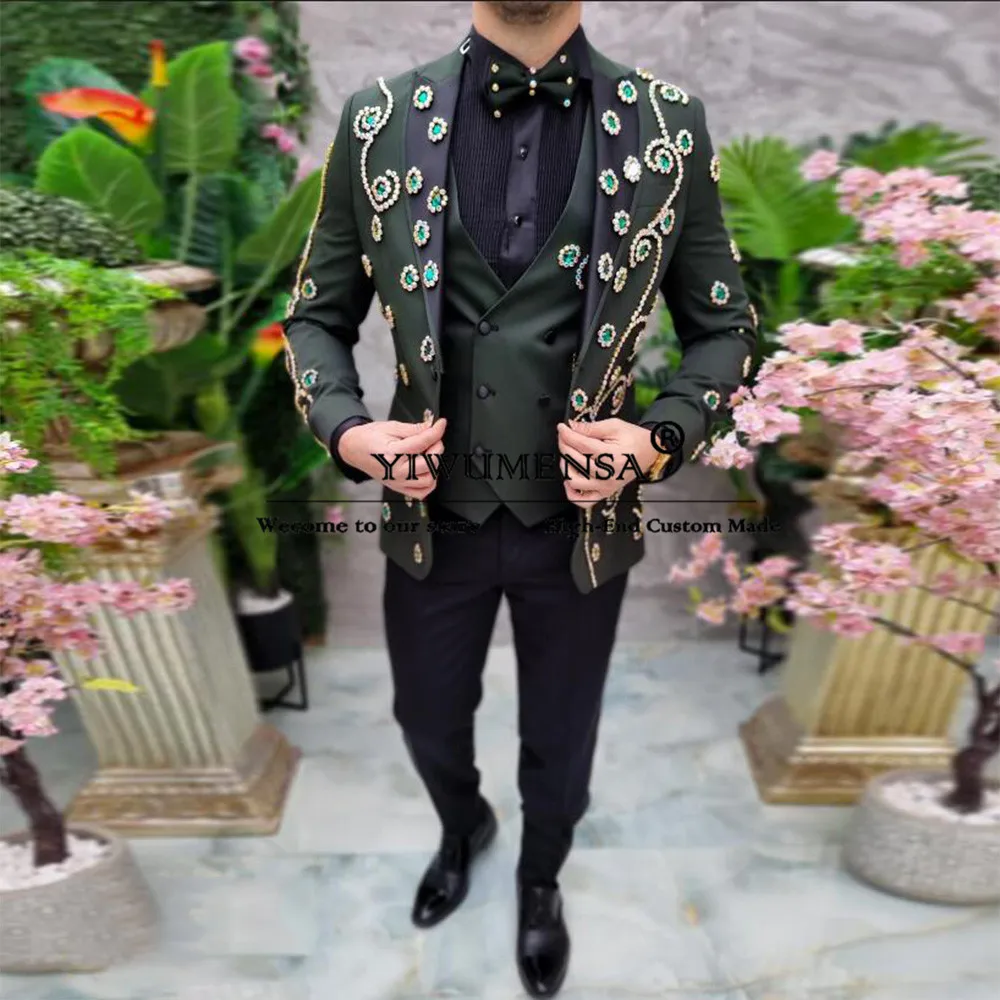 Luxury Green Ceremony Suit Men Crystals Beads Stone Jacket Vest Pants 3 Pieces Set Business Banquet Prom Blazers Wedding Tuxedos