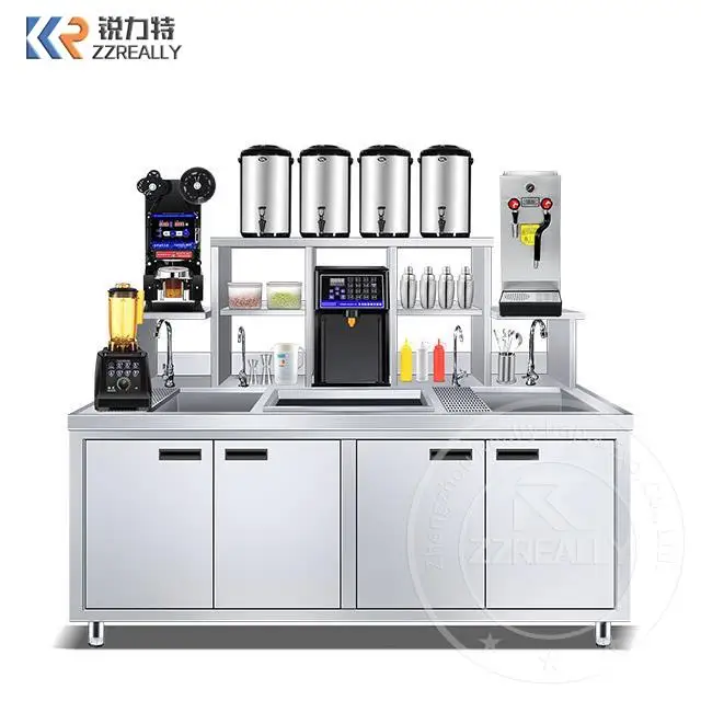 

Stainless Steel Restaurant Bar Counter Mall Fast Food Tea Fruit Juice Cabinet Bubble Tea Bar Working Station