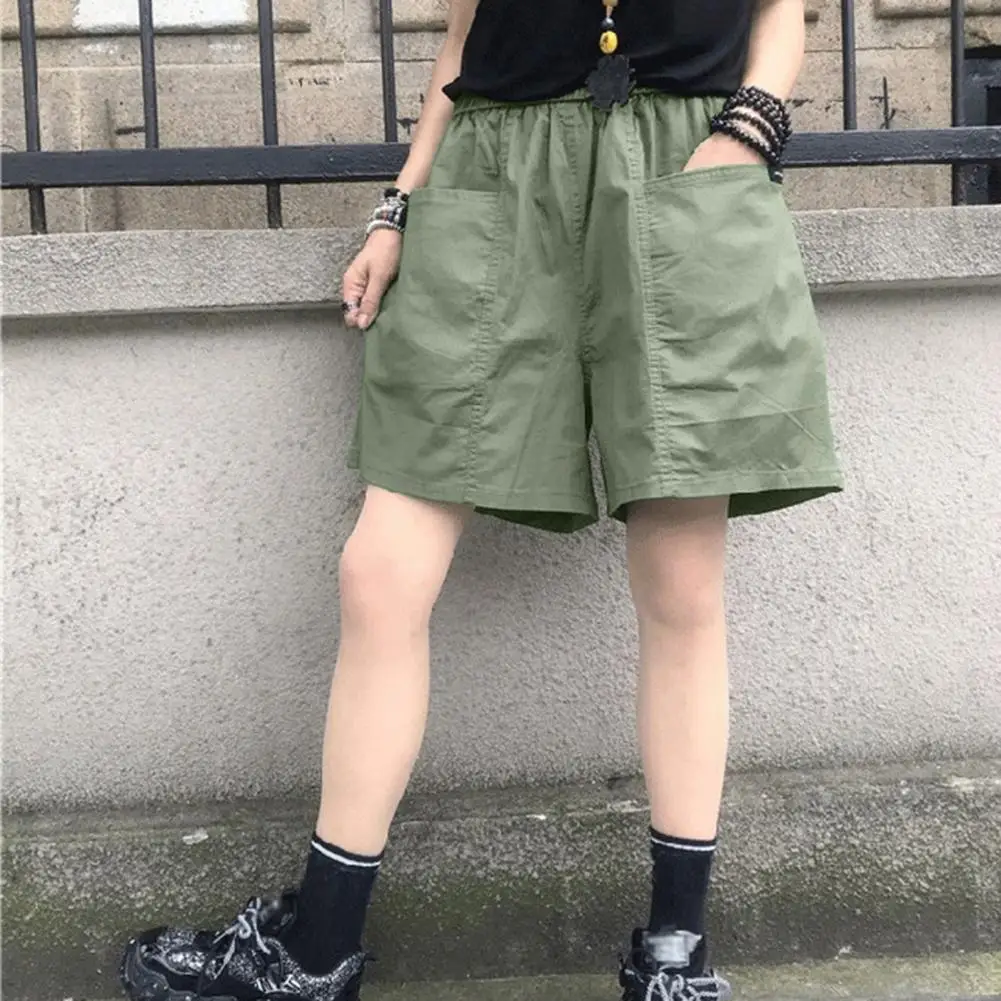 

Elastic Waistband Big Pockets Knee-Length Summer Shorts Wide Leg A-Line Simple Casual Shorts Streetwear