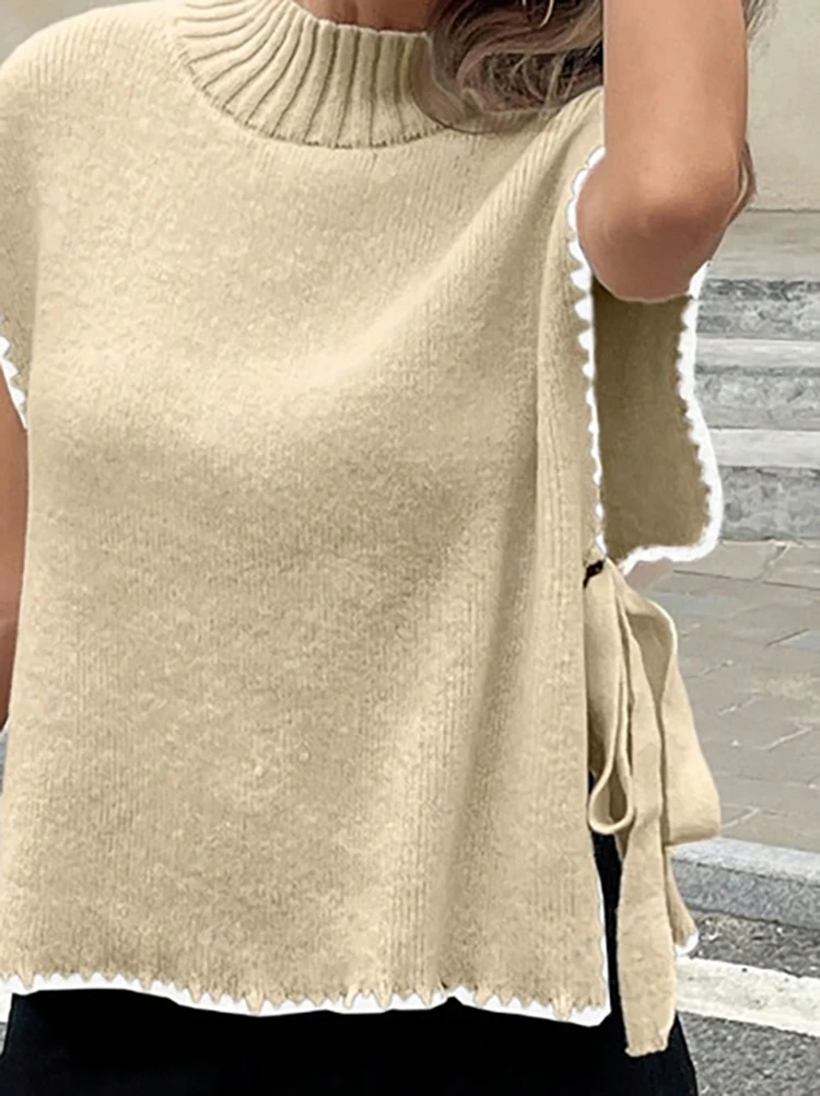 

Lady Casual O-neck Knitted T-shirt Bow Tie Up Hollow Loose Street Pullover Tees Color Blocking Knitted Short Sleeved Summer Top