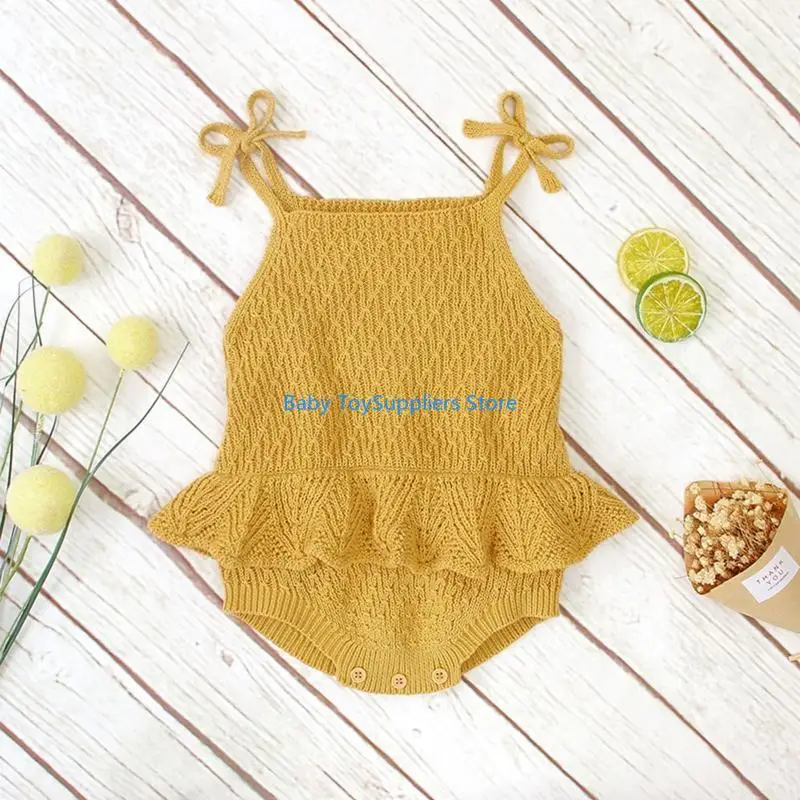 

R1WF Baby Girl Sleeveless Bodysuit Tie Romper Knit Jumpsuit