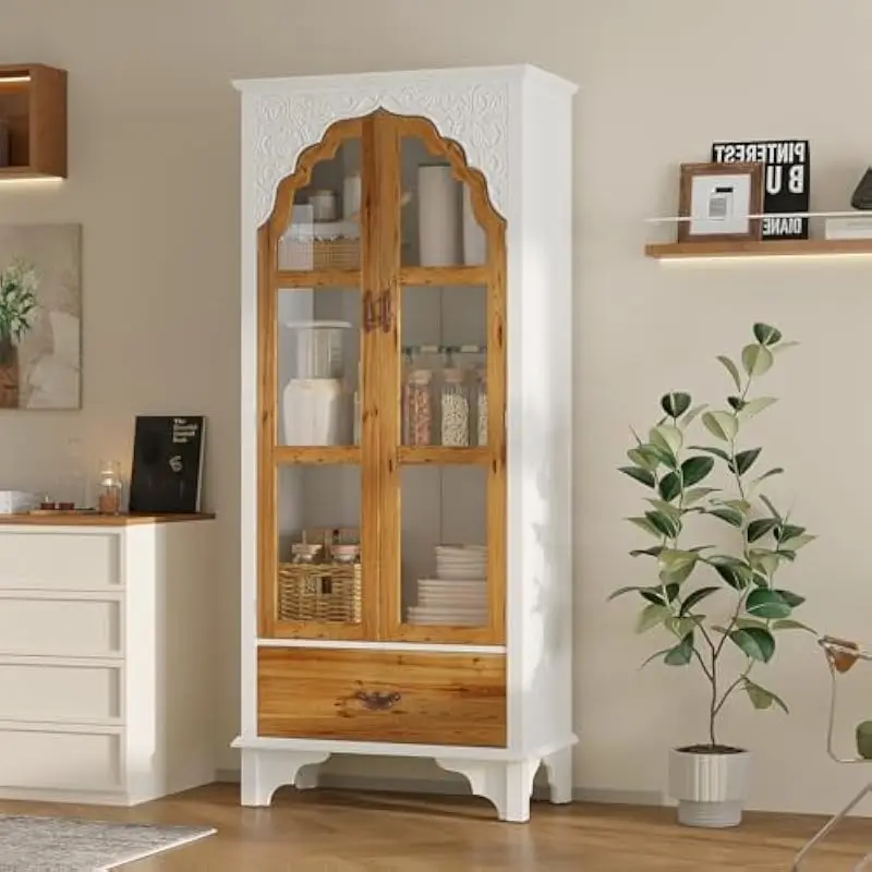 Tall freestanding pantry unit featuring three adjustable shelves and one smooth-gliding drawer, elegant carved glass front panel