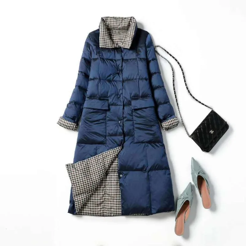 Women's Winter Top Coat Down Jacket White Duck Down Reversible Medium Length Large Warm Thicken Retro Simple New Niche Versatile