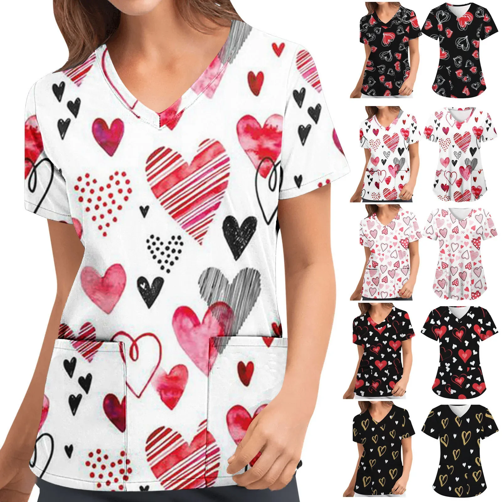 Uniforme de enfermería para mujer, camisa de manga corta con estampado de corazón, cuello, Uniforme de trabajo para el cuidado, Uniforme con