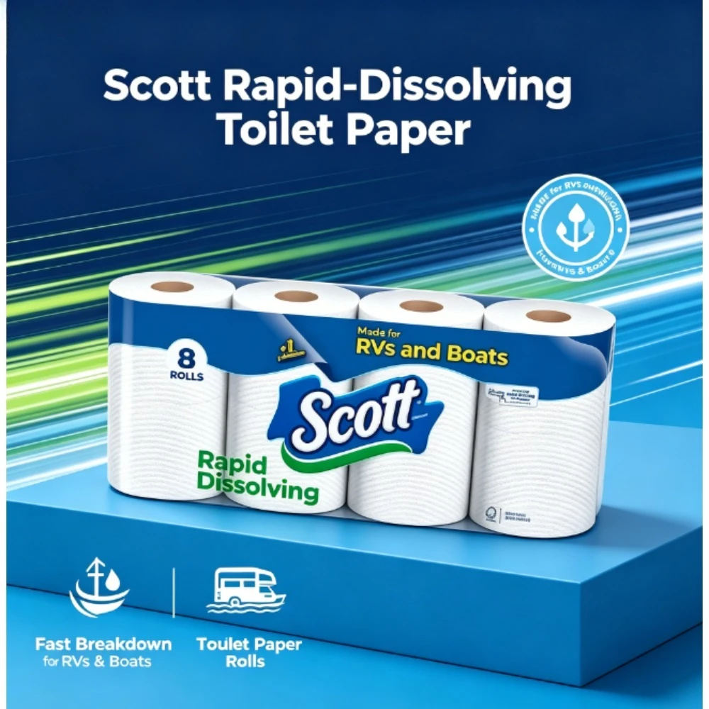 Scott Rapid-Dissolving Toilet Paper for RVs & Boats, 8 Double Rolls, Fast Disintegrating Bath Tissue Preventing Clogs for Camper, Marine Vessel and Portable Toilet Applications