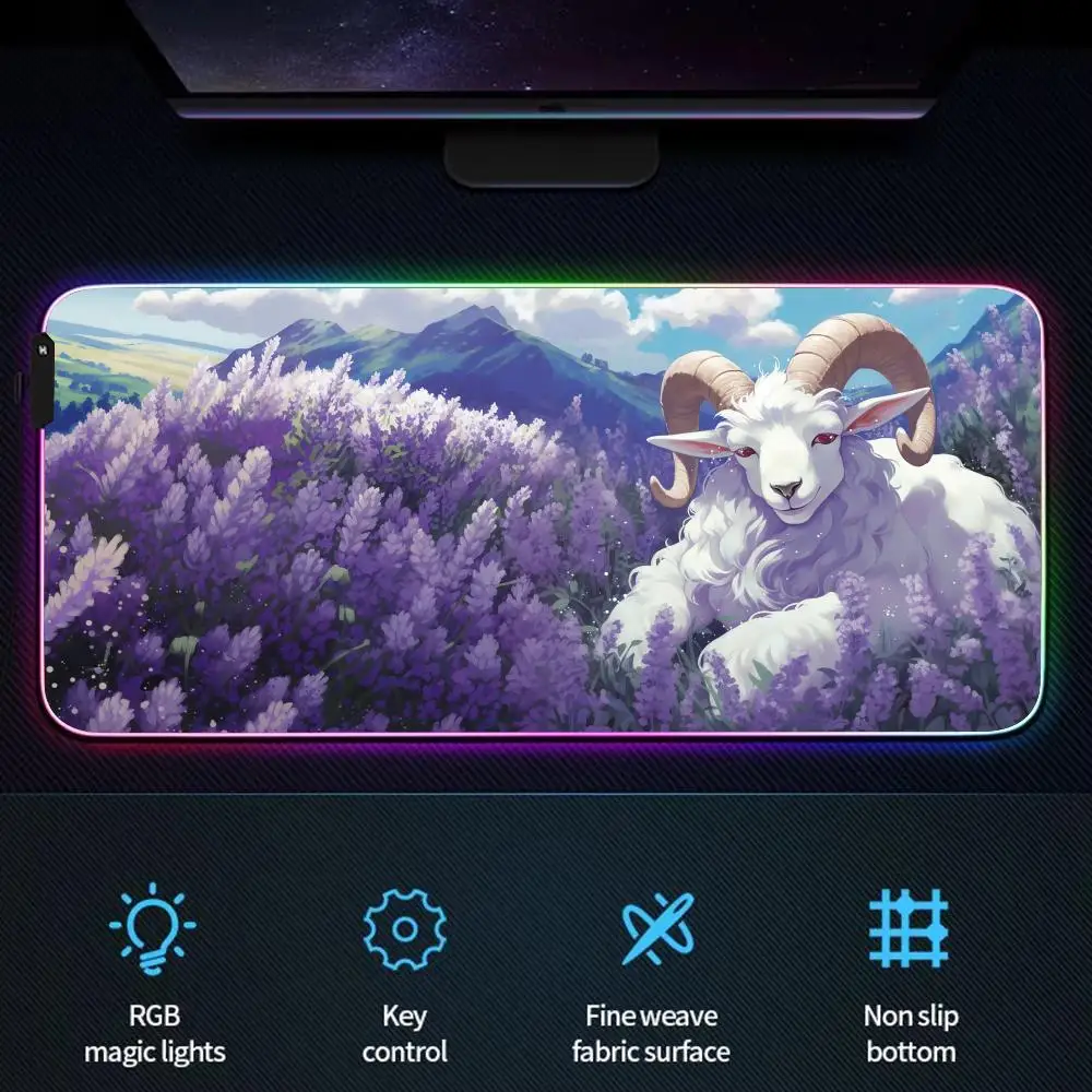 RGB Mouse Pad Lavender Bidang dan Kambing LED Cahaya Gaming Mat Karet Anti-Slip Meja Tikar Pc Aksesoris Gaming Keypad Mousepad