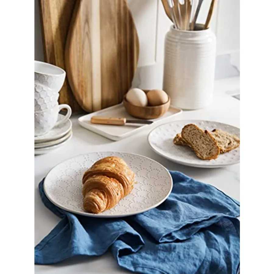 Ceramic Salad Plates Set of 4, Embossed Appetizer Plates for Kitchen, Small Dessert Plates, Microwave and Dishwasher Safe Dinne
