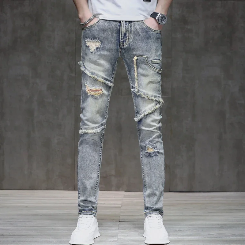 Street hip-hop retro men's jeans personalized hole embroidery raw edge Slim small straight leg splicing elastic pants