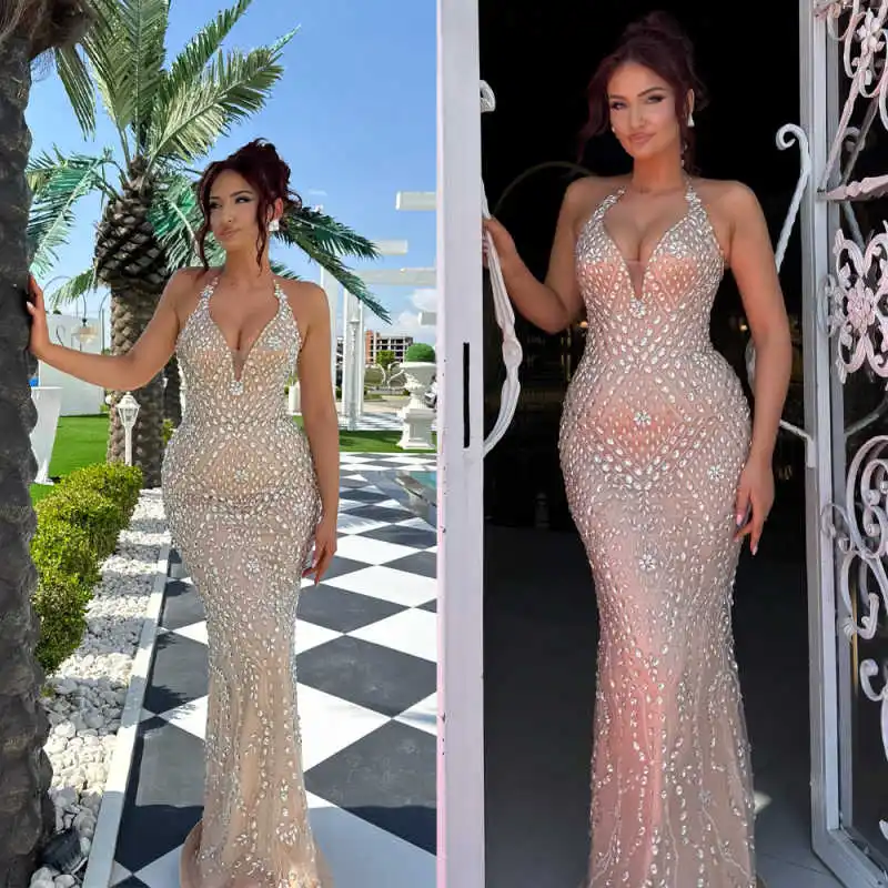 

Sexy Mermaid Evening Dress Crystal Beaded Halter Neck Prom Gowns Luxury Sleeveless Floor Length Party Dresses Customized