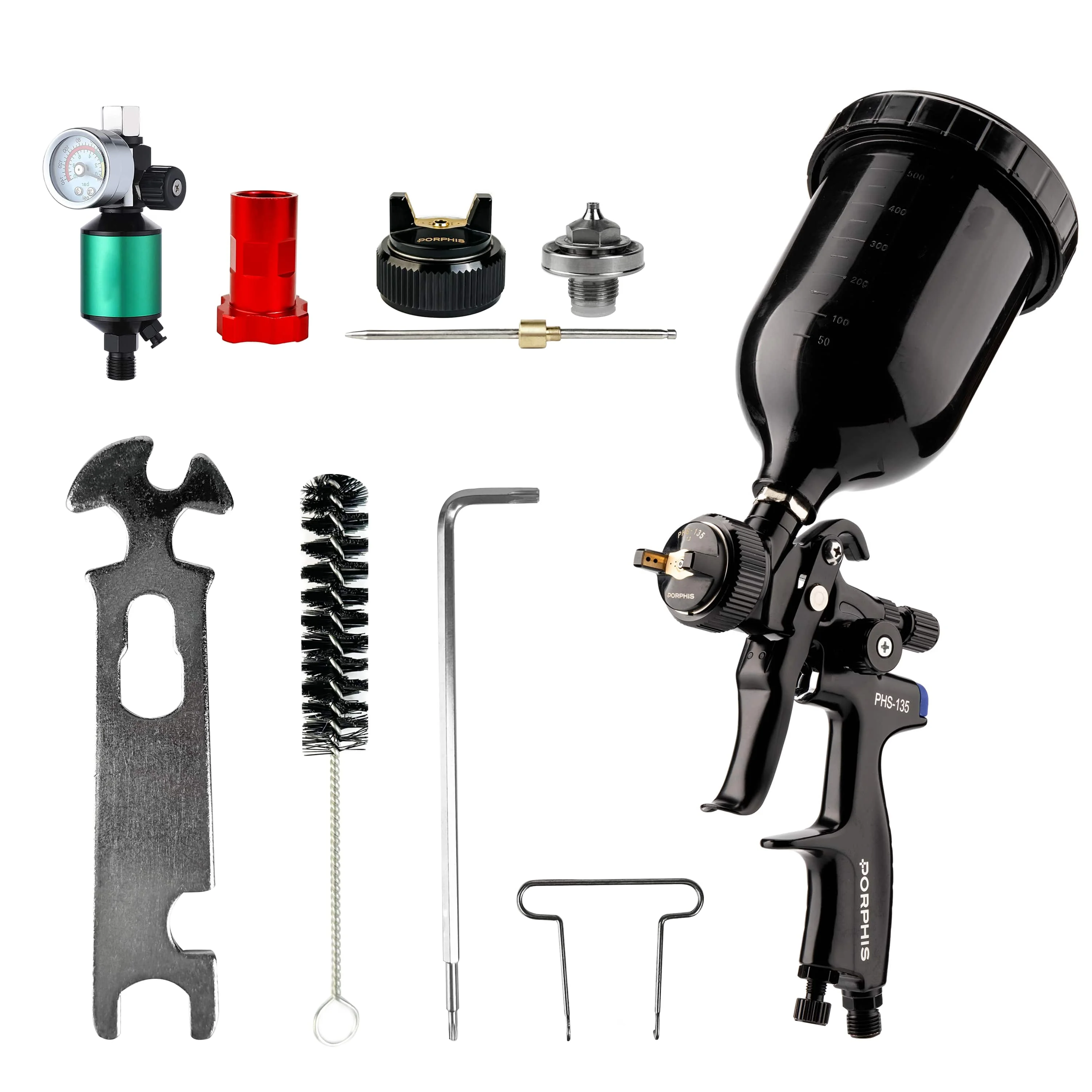 PORPHIS PHS-135 HVLP Gravity Spray Gun Kit 1.3mm 1.8mm 2.5mm with 2-in-1 Air Filter Car Paint Professional Complete Set