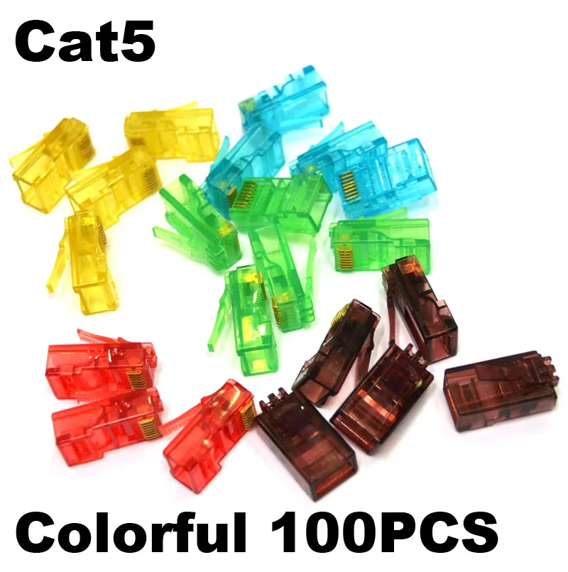 100PCS Colorful RJ45 Ethernet Cables Module Plug Network Connector RJ-45 Crystal Heads Cat5 Color Cat5e Gold Plated Head Plug