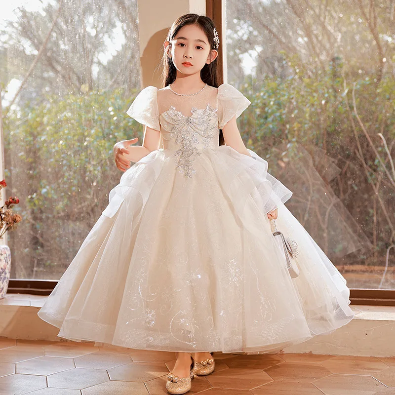 

Champagne Lace Girls Birthday Communion Party Dress Embroidered Sequin Long Dress Girls Wedding Dress Girl Prom Evening Vestido
