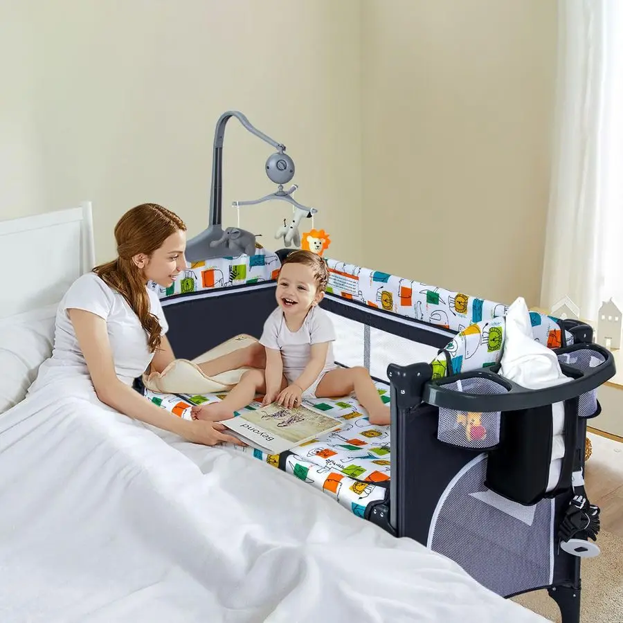 

in 1 Baby Bedside Sleeper, Bedside Crib for Baby, Pack and Play with Changing Table, Portable Crib with Mattress, Music Box, Car