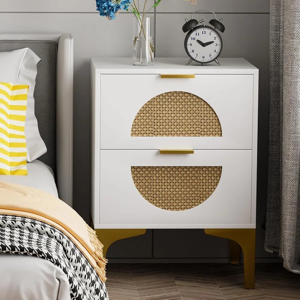 

Rattan Nightstand with 2 Drawers, Wooden Boho Side Table with Storage, Bedside End Table for Bedroom, Dorm and Small Spaces