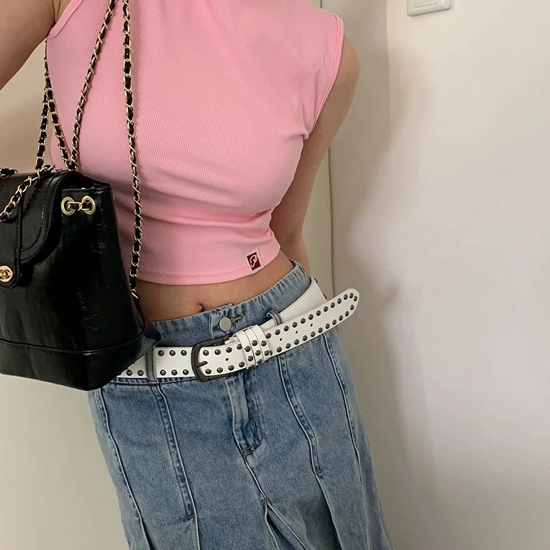 New Belt Women's Jeans Tie-in Ladies' Belt Fashion Rivet Belt Senior Punk Cool Metal Buckle Adjustable PU Leather Waistband