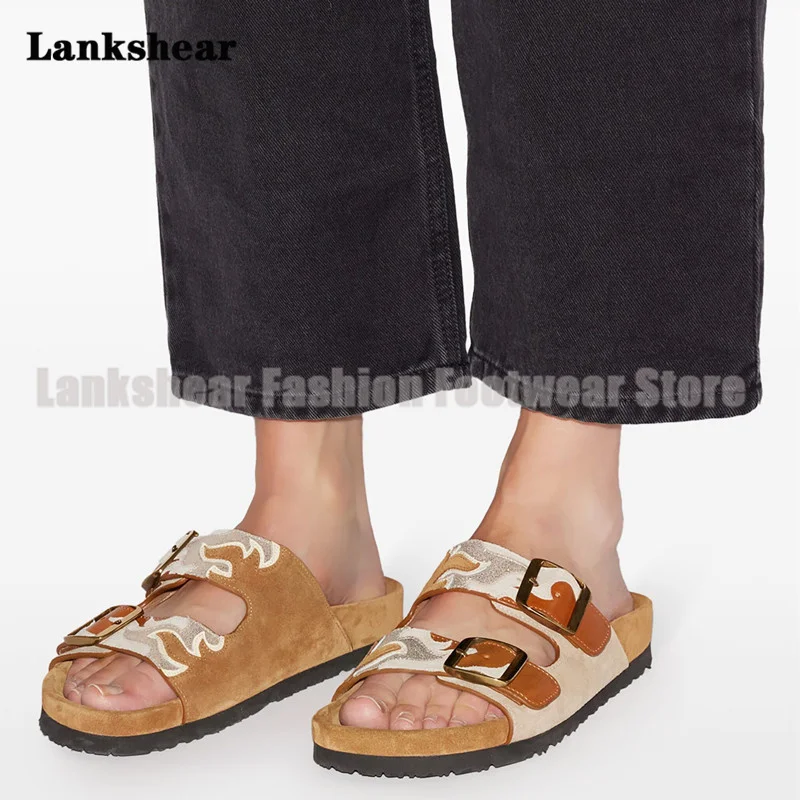 Buckle Strap Open Toe Slippers Women Shoes Summer Round Toe Thick Soled Falt Slippers Ethnic Style Sandalias De Mujer Verano
