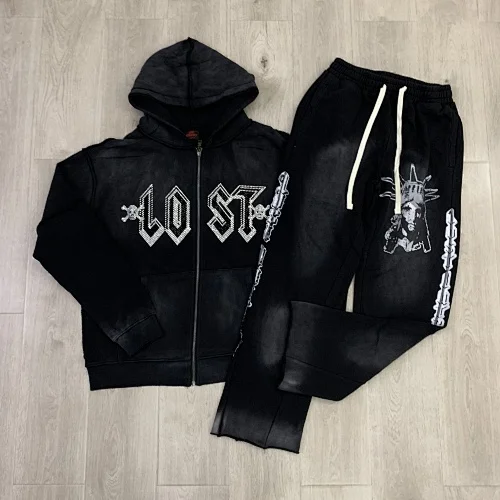 

European trendy washed-out vintage high-quality fashionable brand glitter-studded cardigan hoodie set