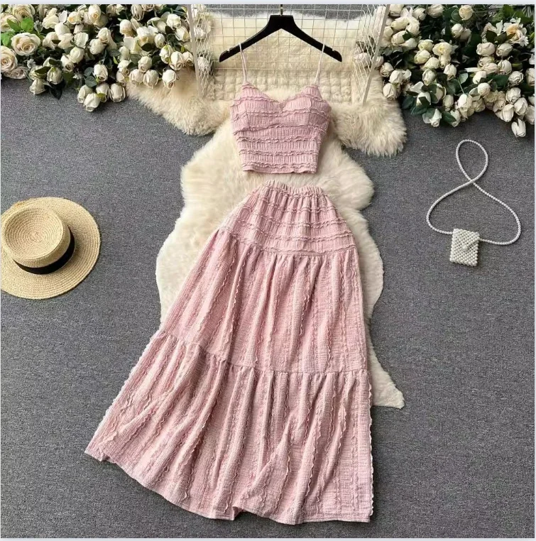 Elegant and Charming 2024 Two Piece Dress Set for Women with Flared Skirt and Solid Color  Top