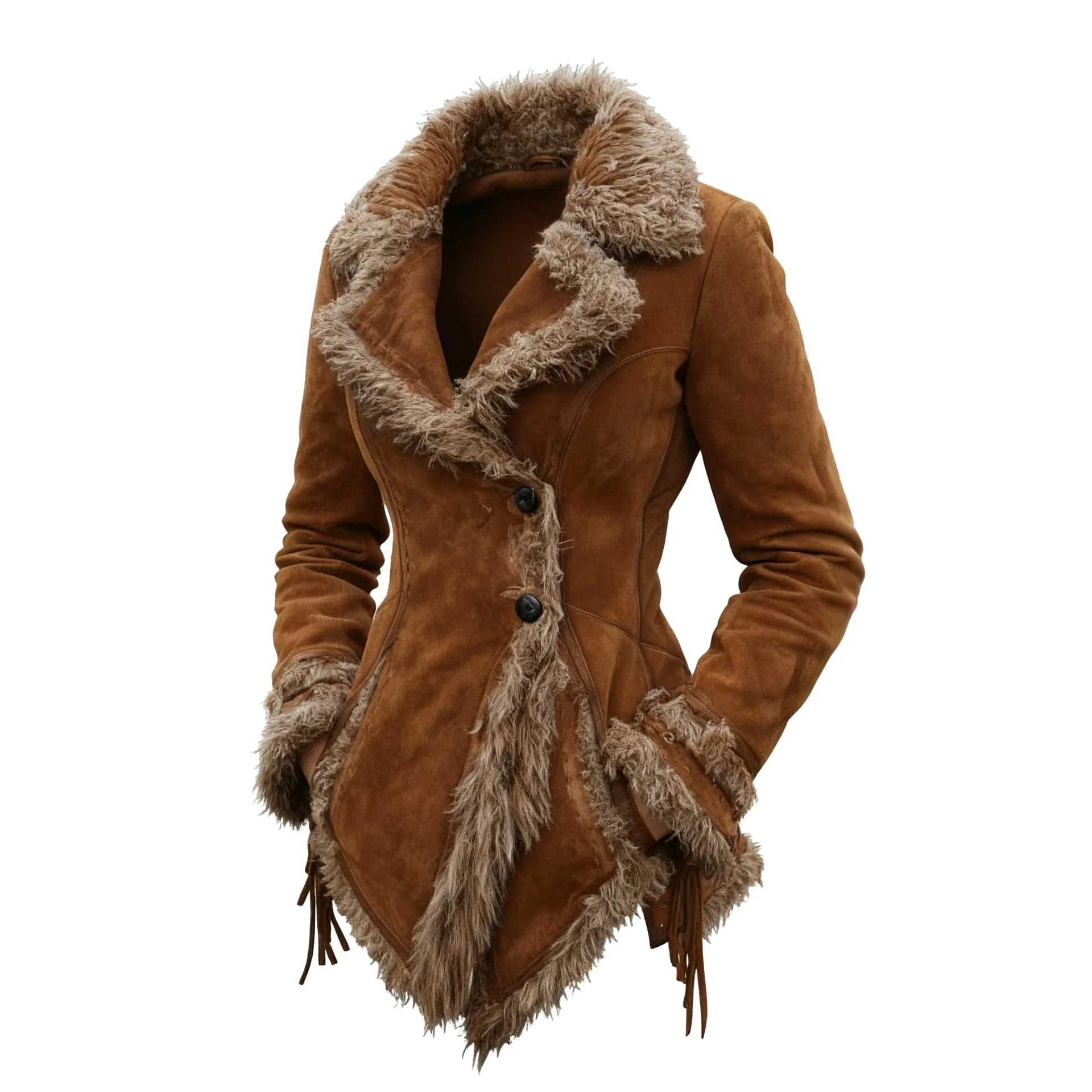 Women's Vintage Suede Coat Fur Collar Lapel Jacket Ropa Mujer