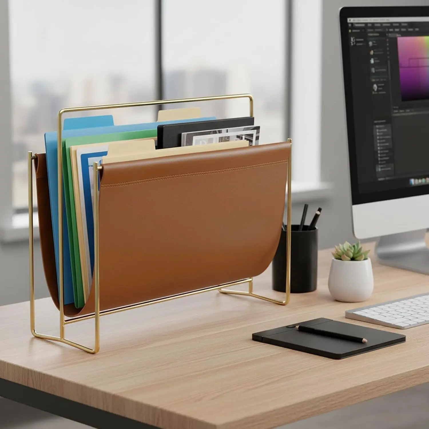 모던 브라운 레더렛 황동 도금 금속 바닥 잡지 랙 가정 및 사무실 장식용