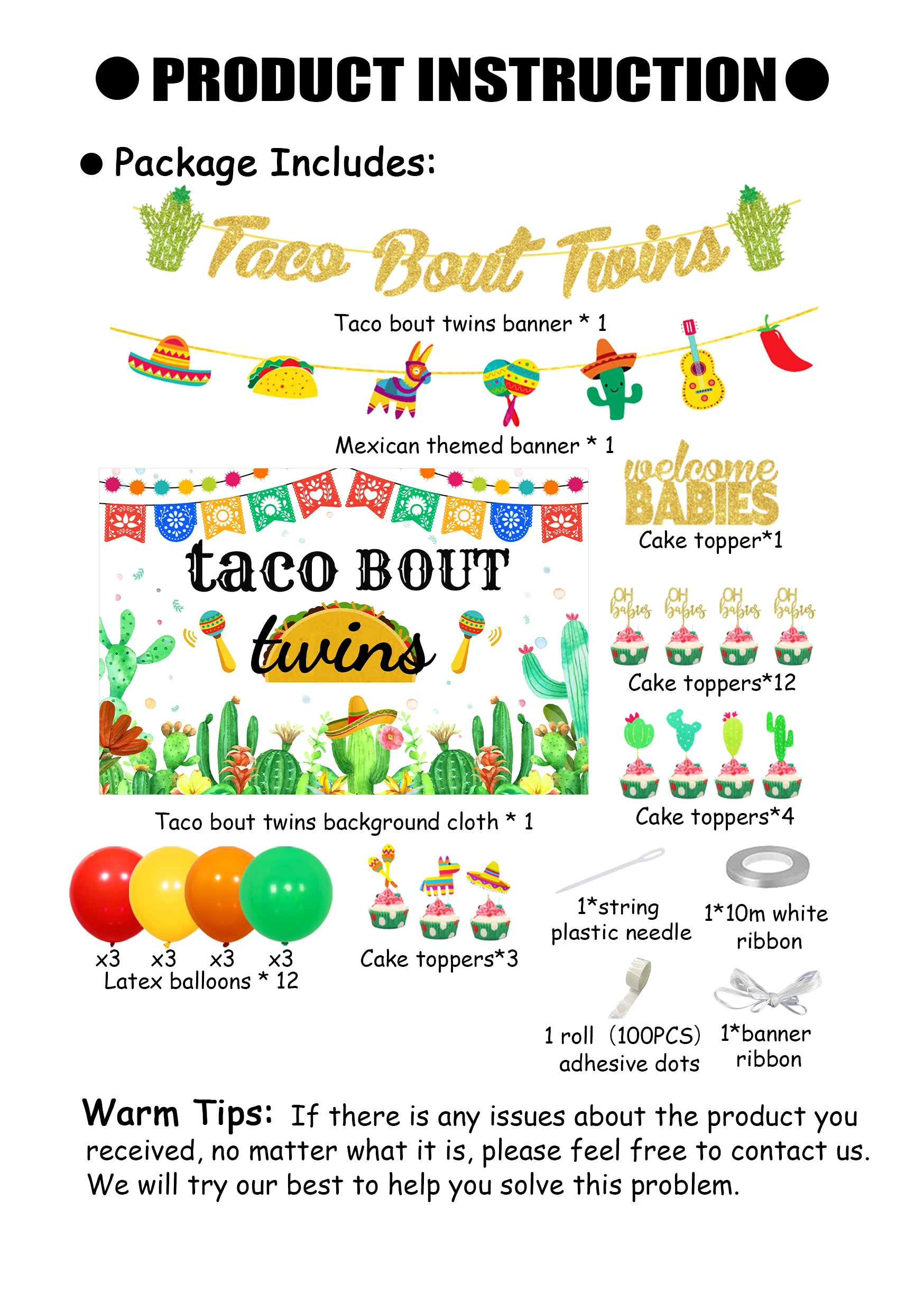 Taco Bout Twins Mexican Theme Baby Shower Decor Welcome Baby with Fiesta Backdrop Cake Toppersfor Cinco De Mayo Party Supplies