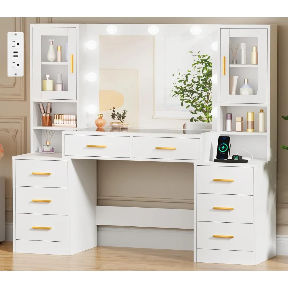 

55.12 Large Vanity Desk with Mirror and Lights, Makeup Vanity Table with Glass Top, Makeup Desk with Power Outlet