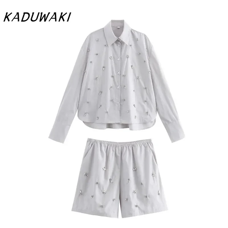 

KADUWAKI Classic Ins Lapel Long Sleeve Handmade Beaded Tops Chic Elastic Waist Loose Shorts Streetwear Set Костюм Женский Летний